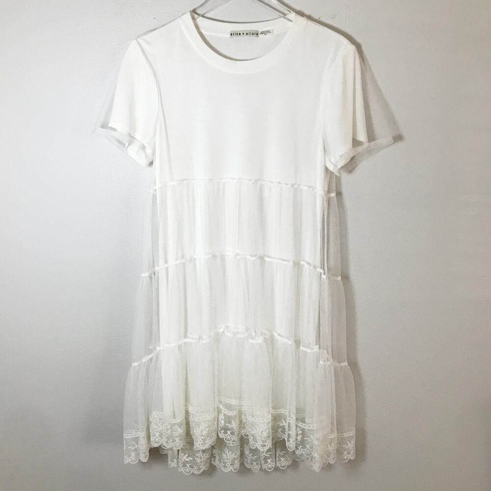 Alice + Olivia White Lace Trim Short Sleeve Top Blouse Crew Neck Women Sz S